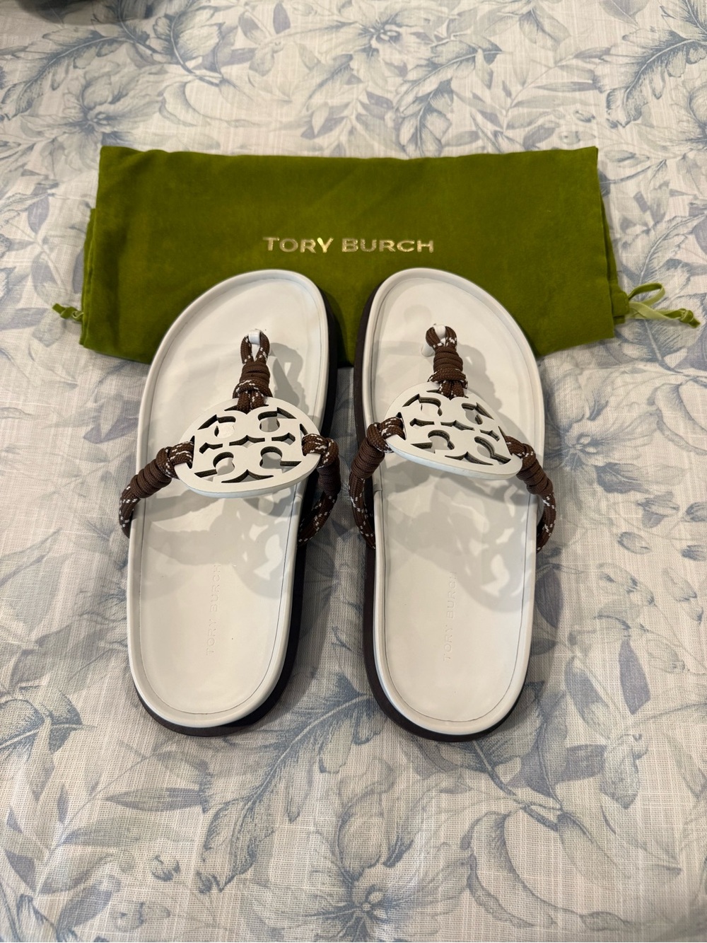 Tory Burch White and Brown Logo Knot Thong Sandals - Women’s